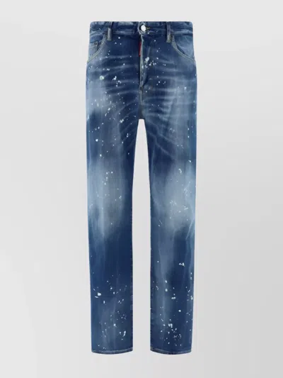 Dsquared2 Leather Detail Cotton Jeans In Blue