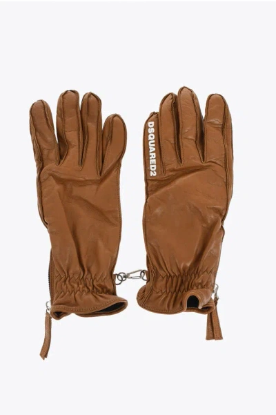 Dsquared2 Leather Gloves With Half Zip And Embossed Logo Grösse 8