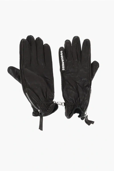 Dsquared2 Leather Gloves With Half Zip And Embossed Logo Grösse 8