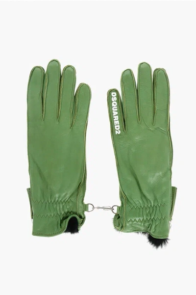 Dsquared2 Leather Gloves With Half Zip And Fur Lining In Green