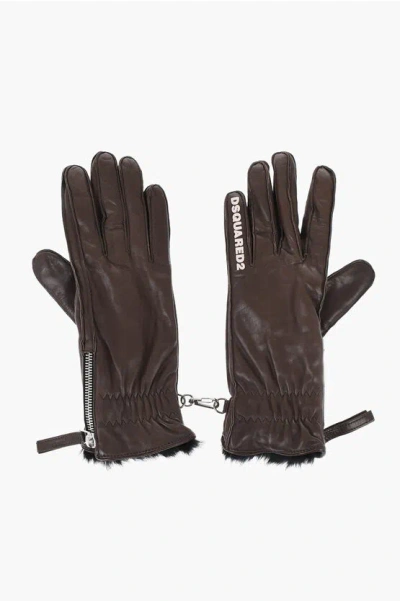Dsquared2 Leather Gloves With Half Zip And Real Fur Inner Grösse 7