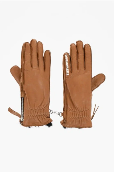 Dsquared2 Leather Gloves With Half Zip And Real Fur Inner Grösse 7