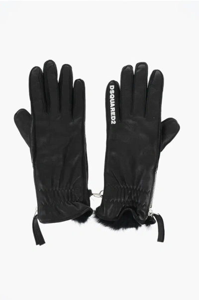 Dsquared2 Leather Gloves With Half Zip And Real Fur Inner Grösse 7