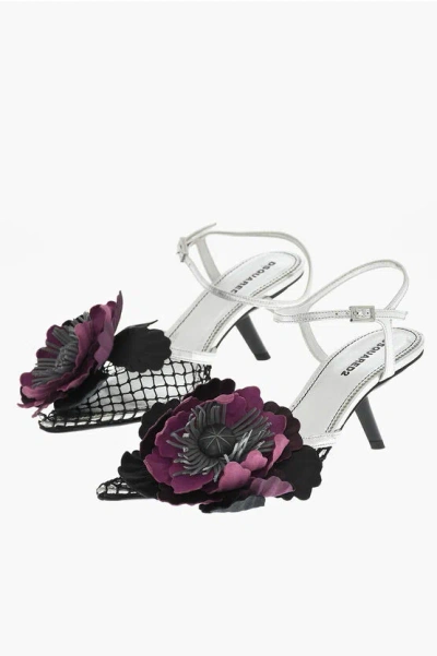 Dsquared2 Leather Gothic Flower Sandals With Mesh In Silver
