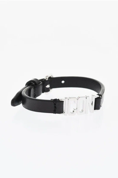 Dsquared2 Leather Icon Clubbing Bracelet With Metal Detail Grösse Unica In Black