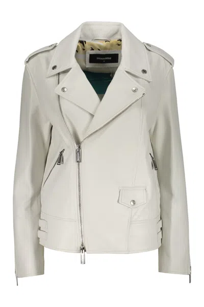 Dsquared2 Leather Jacket In Ivory