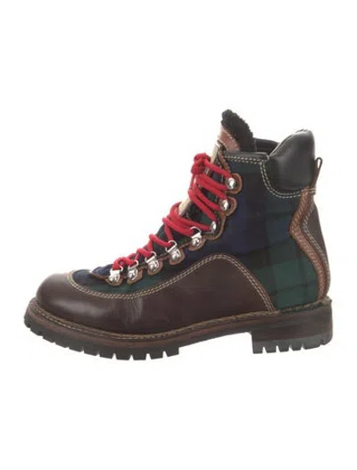 Pre-owned Dsquared2 Leather Plaid Print Hiking Boots In Burgundy