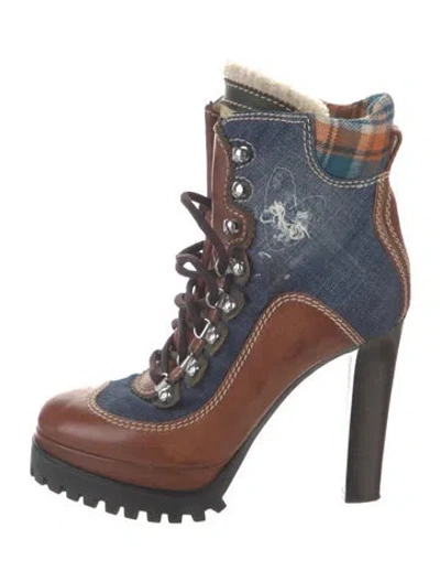 Pre-owned Dsquared2 Leather Plaid Print Lace-up Boots In Blue/brown