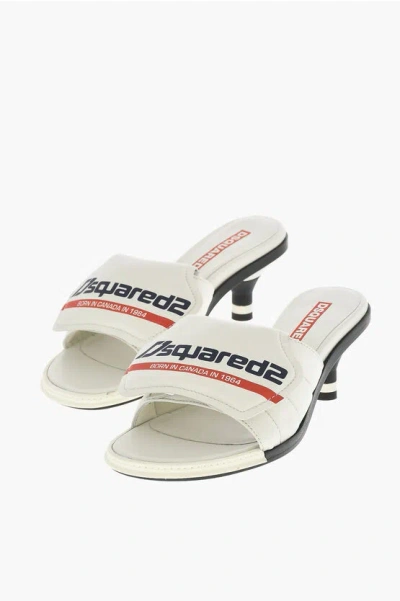 Dsquared2 Leather Soccer Mules With Logo Print Heel 5 Cm In White