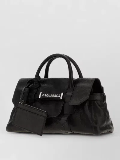 Dsquared2 Leather Tote Handbag Detachable Tag Top Handle In Black