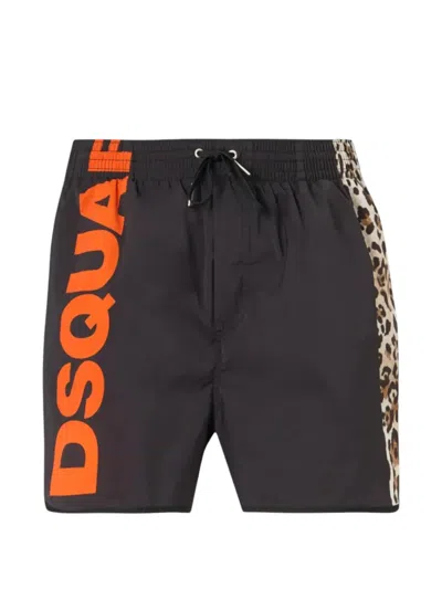 Dsquared2 Leopard-print Logo-print Swim Shorts In Black