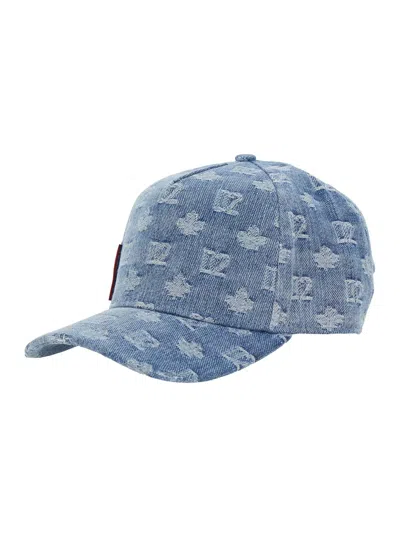 Dsquared2 Light Blue Baseball Cap With All-over Logo In Denim Man