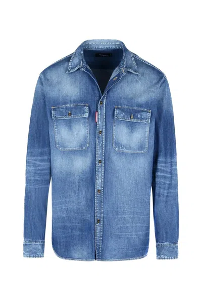 DSQUARED2 LIGHT BLUE JACKET WITH CLASSIC COLLAR AND LOGO PATCH ON THE FRONT IN DENIM MAN