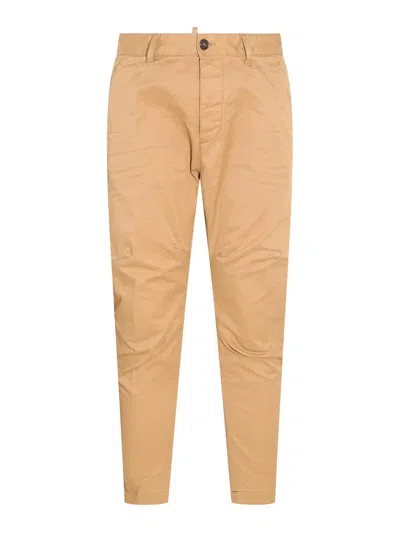 DSQUARED2 LIGHT BROWN COTTON BLEND TROUSERS