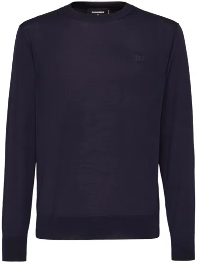 Dsquared2 Lightweight Blue Knit Sweatshirt With Crew Neckline And Logo Detail In Black