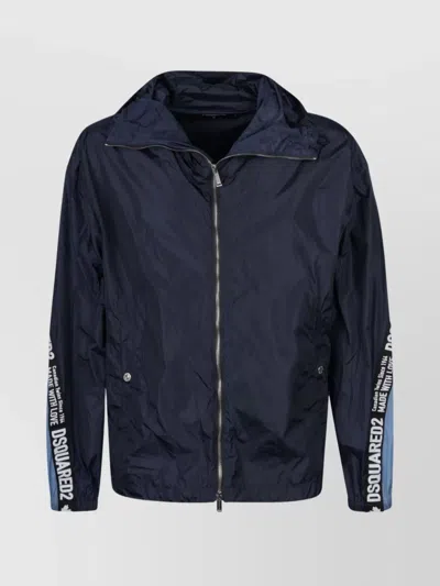 Dsquared2 Lightweight Hooded Coat Elastic Cuffs In Blue