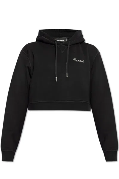 Dsquared2 Logo Detailed Cropped Drawstring Hoodie In Black