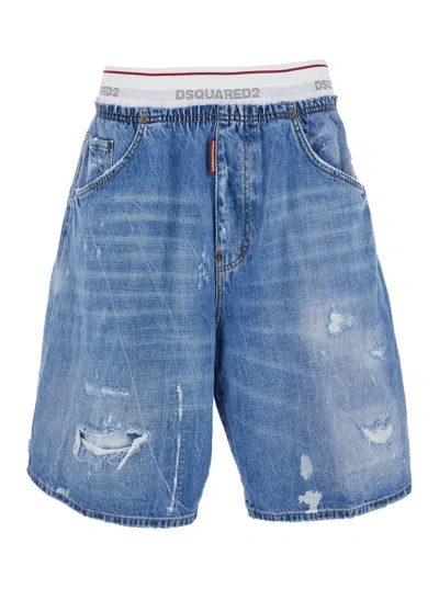 Dsquared2 Logo Elastic Denim Shorts Blue Denim Shorts With Elastic Waist And Front Logo In Cotton For Men