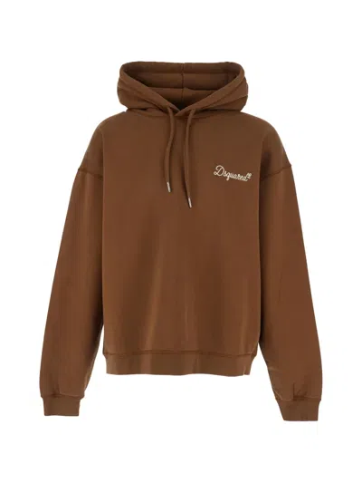 Dsquared2 Men Brown Hoodie With Drawstring Hood And Logo Lettering On The Front In Cotton Man