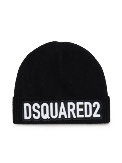 Dsquared2 Kids' Logo-embroidered Knitted Beanie In Black