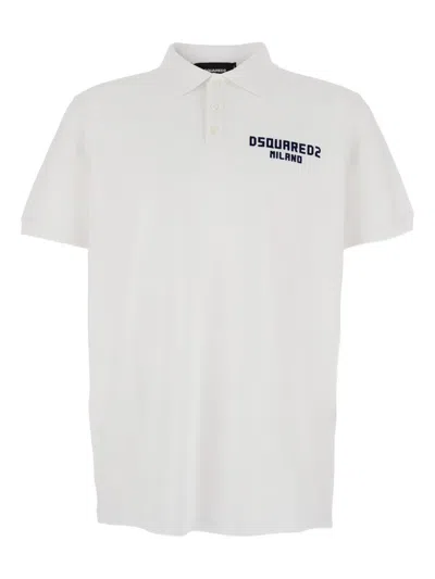 Dsquared2 White Polo Shirt With Classic Collar And Logo Lettering On The Front In Cotton Man