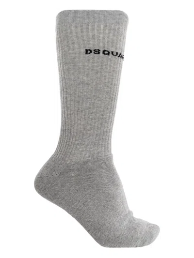 Dsquared2 Logo-embroidered Ribbed Socks In Gray