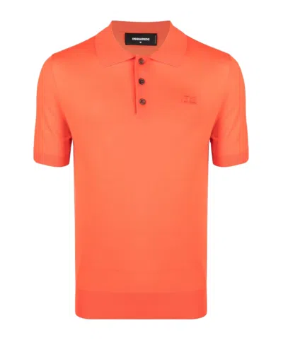 Dsquared2 Logo-embroidered Virgin Wool Polo Shirt In Orange