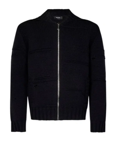 Dsquared2 Logo Embroidered Zip-up Sweater In Black