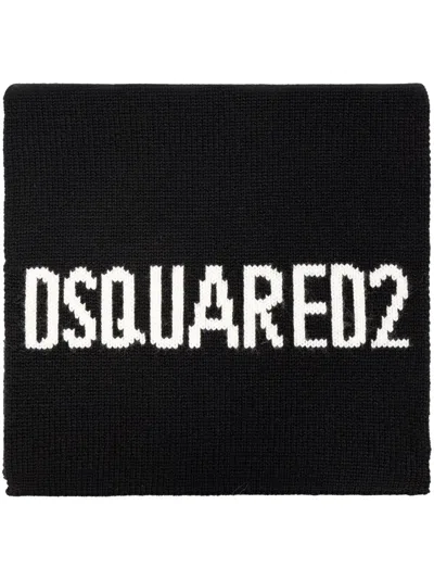 Dsquared2 Logo Intarsia-knit Wool Scarf In 黑色