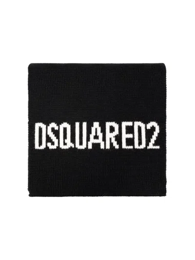 Dsquared2 Logo Intarsia Knit Wool Scarf In Black