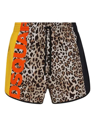 Dsquared2 Logo Leopard Print Beachwear In Brown