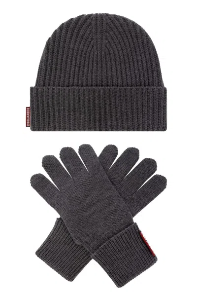 Dsquared2 Logo Patch Beanie & Gloves In Grey