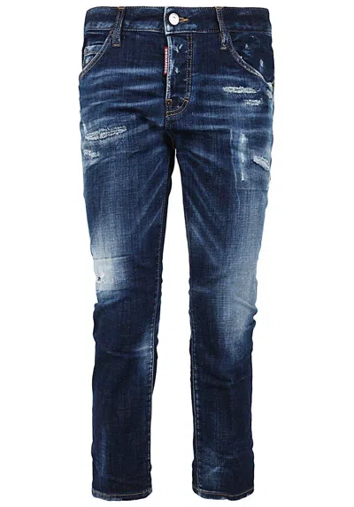 Dsquared2 Logo Patch Cropped Distressed Jeans In Blue