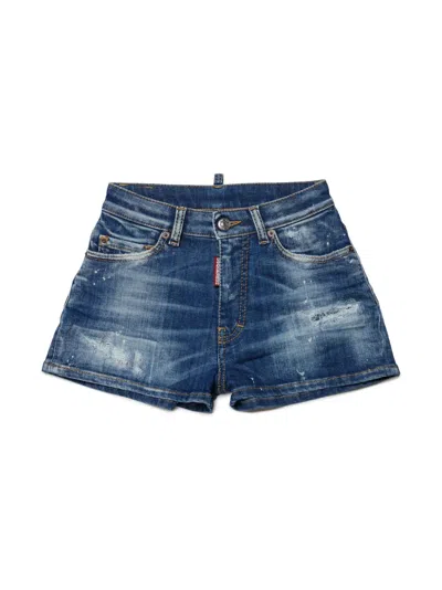 Dsquared2 Kids' Logo-patch Distressed Denim Shorts In Blue
