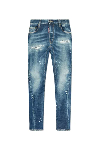 Dsquared2 Logo Patch Distressed Skinny Jeans In Blue