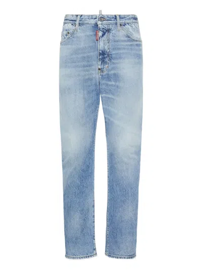 Dsquared2 Relaxed Fit Light Wash Denim Jeans With Vintage Detailing In Blue