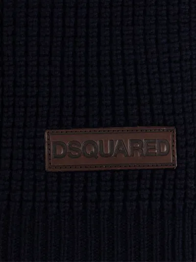 Dsquared2 Logo Patch Knit Wool Scarf In Navy