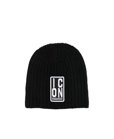 Dsquared2 Logo-patch Knitted Beanie In Black