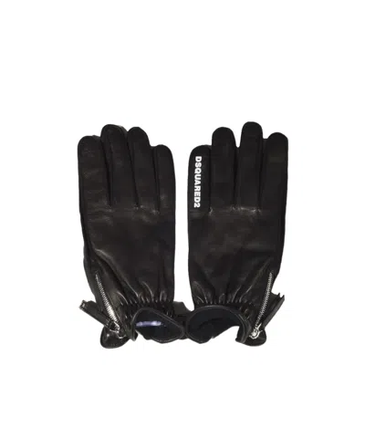 Dsquared2 Logo-patch Leather Gloves In Black
