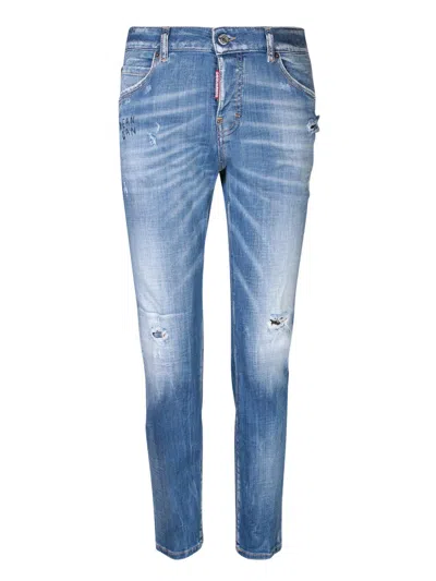 Dsquared2 Logo-patch Ripped Straight-leg Jeans In Blue