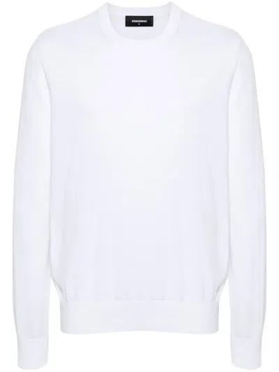 Dsquared2 Logo Plaque Cotton Crewneck Sweater In Optic White