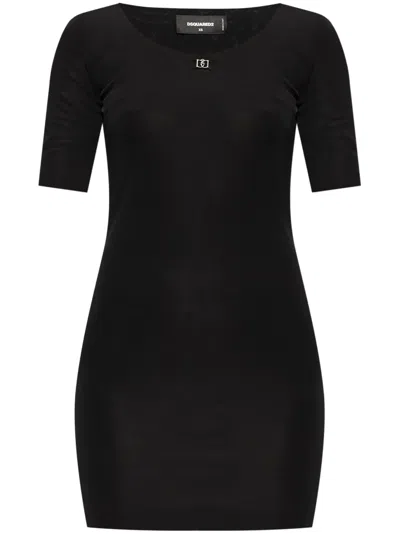 Dsquared2 Scoop Neckline Short Sleeve Fitted Mini Dress In Black