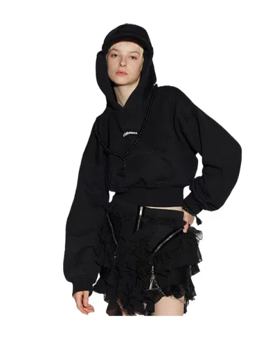 Dsquared2 Black Attached Cap Cropped Hoodie
