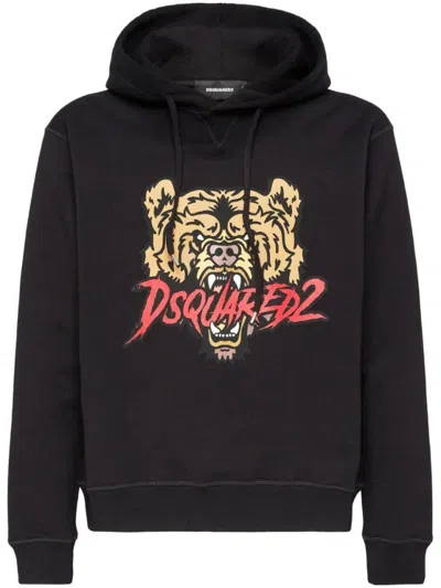 Dsquared2 Black Hoodie With Drawstring Hood And Maxi Logo Print On The Front