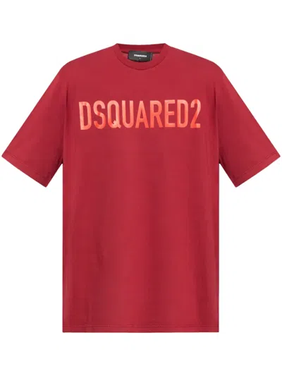 Dsquared2 Crew Neck Cotton T-shirt With Printed Logo In Red