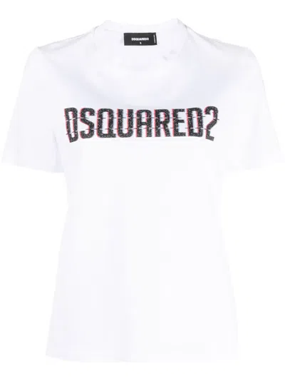 Dsquared2 Contrast Logo Cotton T-shirt With Ribbed Crewneck In White