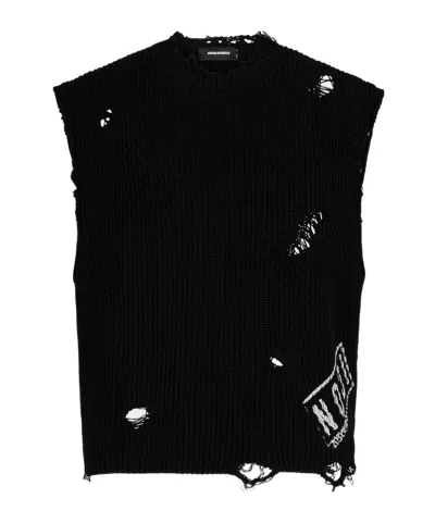 Dsquared2 Logo-print Distressed Knitted Vest In Black