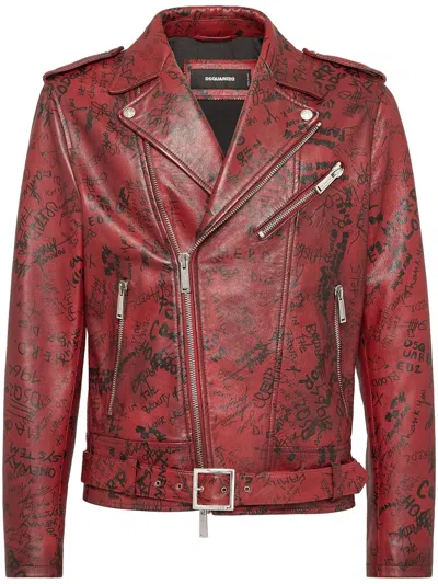 Dsquared2 Logo-print Leather Jacket In Red