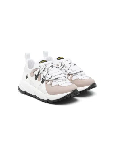 Dsquared2 Kids' Tech & Leather Lace-up Sneakers In White,beige