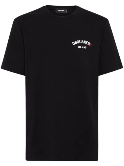 Dsquared2 Black Crew-neck T-shirt With Logo On The Front In Cotton Man